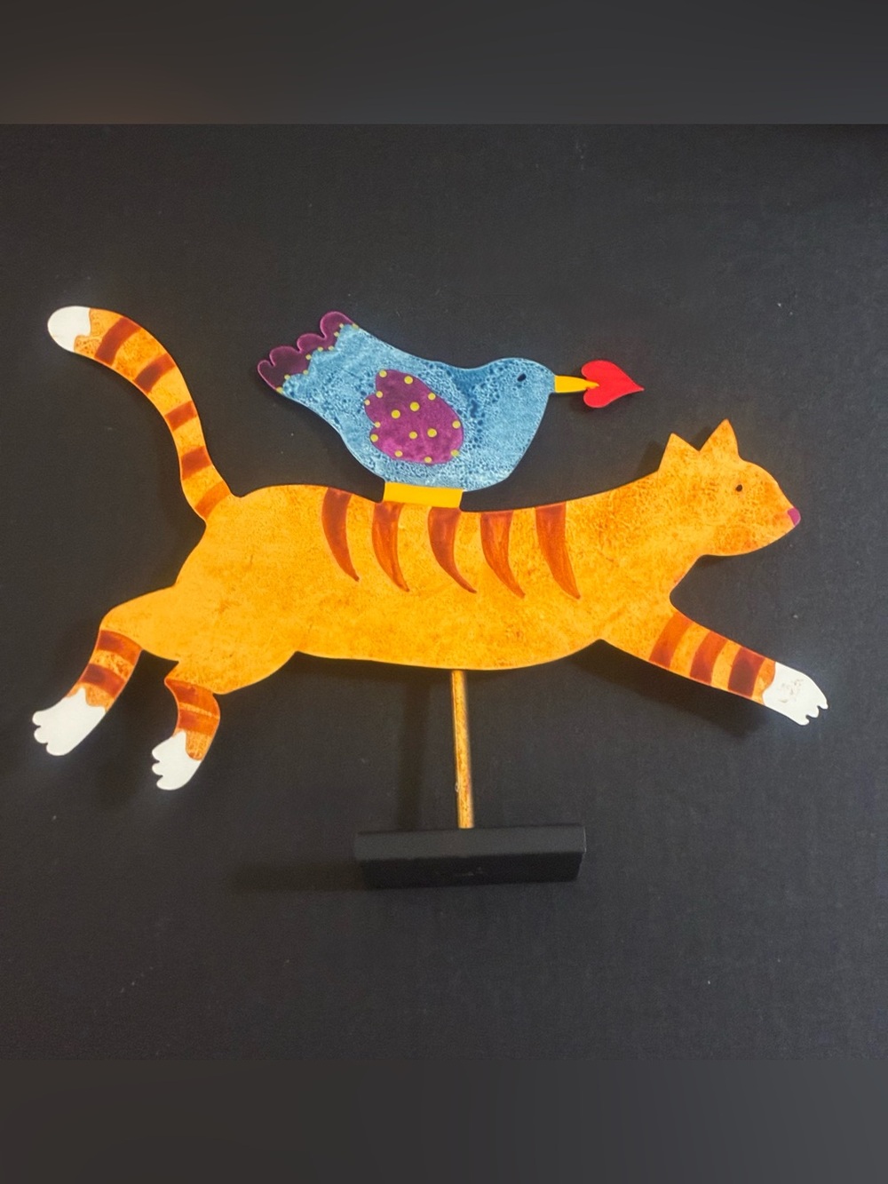 Vintage “Bird and Cat” Judie Bomberger Painted Sheet Metal Sculpture